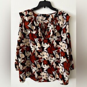 Ann Taylor Factory Black Orange Cream Ruffled Collar Tie Neck Long Sleeve Blouse